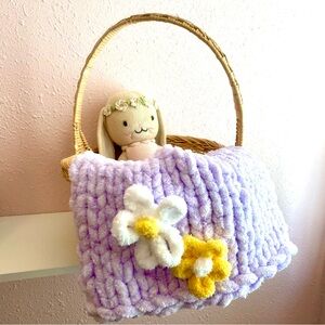 Handmade Lilac Knitted Blanket with Floral Accents